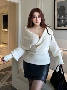 Vibekara Sweater Pullover Longgar dengan Kerah Silang dan Potongan Santai, Desain Niche Musim Gugur/Dingin - Putih - View 4
