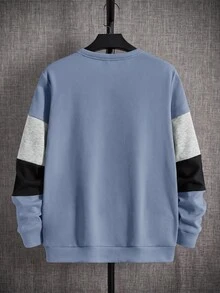 SHEIN 青少年男孩休閒圓領長袖拼色拼接袖套頭衛衣，寬鬆版型，適合春夏秋冬，校園穿搭，秋季服飾，長袖上衣 - 霧霾藍 - 查看 2