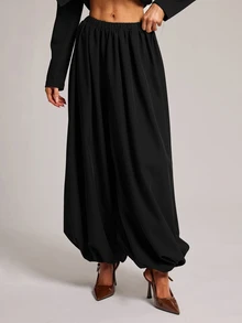 SHEIN BAE Women's Solid Color Casual Versatile Daily Wear Suit Lantern Pants - Black - View 7