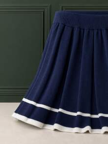 Girls' Navy Blue Striped Knit Pleated Skirt, Toddler Elastic Waist Mini Skirt, Preppy Style - Royal Blue - View 3