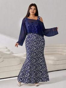 Solflare Casual Women Plus Size Floral Print Dress With Asymmetric Neck Top Set - Navy Blue - View 8