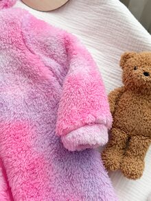 SHEIN LMoss Kids 新生女嬰可愛秋冬款毛絨花卉圖案長袖連帽連身衣 - 玫紅色 - 查看 4