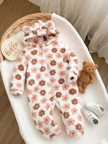 SHEIN LMoss Kids 新生女嬰可愛秋冬款毛茸茸花卉圖案長袖連帽連身衣 - 米色 - 查看 1
