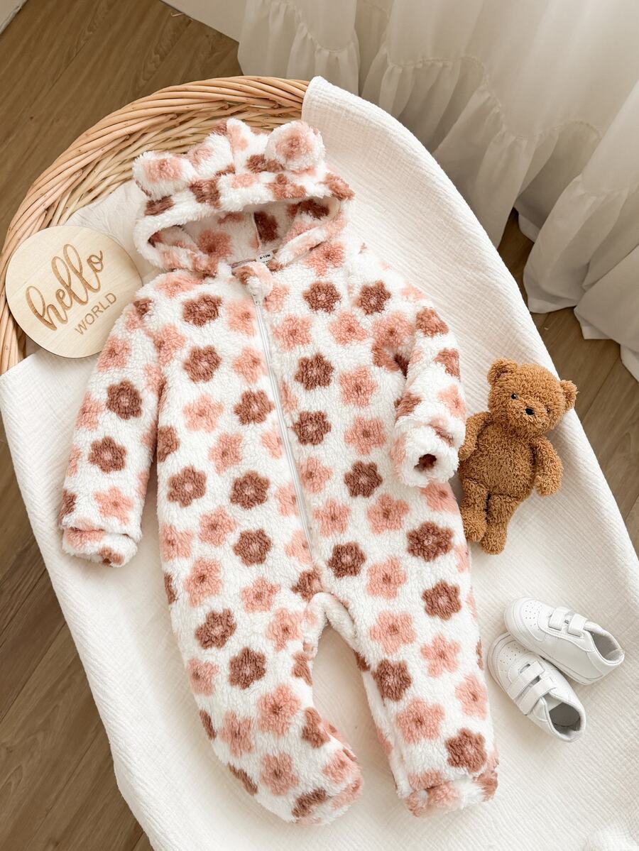 SHEIN LMoss Kids 新生女嬰可愛秋冬款毛茸茸花卉圖案長袖連帽連身衣 - 米色 - 查看 1