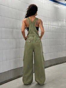 StreetHx 女款軍綠色多口袋牛仔工裝背心褲與連身褲 - 軍綠色 - 查看 2