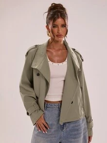 SHEIN BAE Veste femme couleur unie col montant décontractée polyvalente pour usage quotidien et voyage manches longues - Kaki - Voir 5