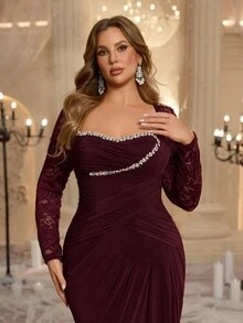 Glamrae Plus Size Elegant Burgundy Minimalist Sophisticated High Elastic Mesh Lace Sequin Embroidered Sheer Long Sleeve Sequins & Diamond Decor Waist-Flattering Ruched A-Line Mermaid Hem Evening Gown For Date, Single Party, Wedding, Event, Heavy Work Formal Dinner - Burgundy - View 5