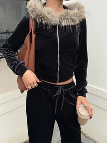 SHEIN EZwear 女款黑色天鵝絨針織拼接毛絨拉鍊前開連帽上衣與長褲兩件套 - 黑色 - 查看 4