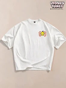 LOONEY TUNES X SHEIN FROVYX 男士字母卡通印花休閒日常短袖T恤 - 白色 - 查看 4