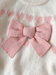 New Fashion Versatile Cute Girls' Heart & Bow Knit Sweater Set, Soft & Comfortable, Suitable For Daily Wear, Outings, Travel, Vacation, Home, And Festivals - Pink - View 4