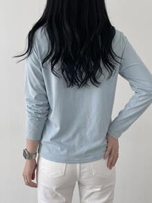 DAZY Women's Round Neck Embroidered Contrast Color Heart Minimalist Pattern T-Shirt - Blue - View 2