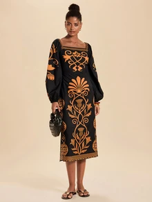 Travachic Women's Floral Print Square Neck Lantern Sleeve Elegant Midi Dress - Black and Yellow - View 4