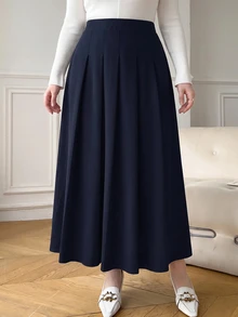 SHEIN PETITE CURVE Plus Size Women's Solid Color Preppy Pleated Casual Skirt - Navy Blue - View 4