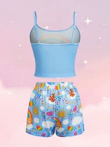 SHEIN X Care Bears Women's Letter Print Camisole Top And Shorts Pajama Set - Baby Blue - View 2