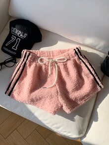 Comfortcana Women's Winter Comfortable Plush Striped Drawstring Waist Shorts - Pink - View 3