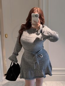 Vibekara Autumn/Winter French Sweet Round Neck Hollow Out Frill Trim Grey Waist-Cinching Ruffle Short Dress - Grey - View 1