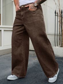 DAZY Spring/Autumn Brown Washed Distressed Semi-Elastic Waist Straight Leg Plus Size Men's Jeans - Brown - View 4