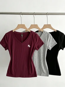 SHEIN EZwear 3件組女款夏季V領修身T恤，龐克次文化動漫純色基礎款V領短袖修身T恤 - 彩色 - 查看 3