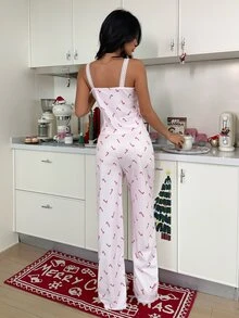 ZzzCrew Christmas Element Print Fine Ribbed Lace Camisole & Sexy Long Pants Pajama Set - Baby Pink - View 3