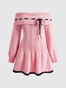 Sweetness Sweet Girl Pink Off-Shoulder Tie Bow Women's Sweater Dress - Pink - View 1