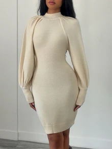 Elenzga Gaun Sweater Polos Bergaya Vintage untuk Wanita - Aprikot - View 3