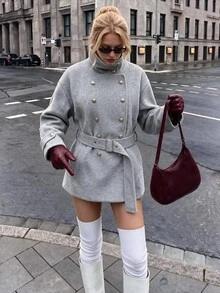 Struktiv Classic Grey Double-Breasted Belted Wool Coat - Grey - View 3