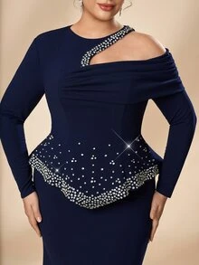 Serin Plus Size Elegant Minimalist Navy Blue Asymmetric Shoulder Design Handmade Rhinestone Decor 2 In 1 Mermaid Long Dress Suitable For Ball, Holiday Party, Formal Evening Event, Wedding, Mother Of The Bride Dress - Navy Blue - View 1