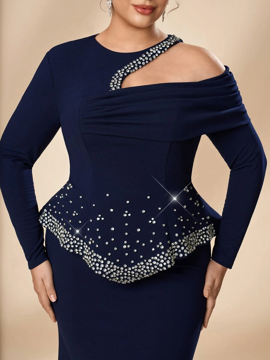 Serin Plus Size Elegant Minimalist Navy Blue Asymmetric Shoulder Design Handmade Rhinestone Decor 2 In 1 Mermaid Long Dress Suitable For Ball, Holiday Party, Formal Evening Event, Wedding, Mother Of The Bride Dress - Navy Blue - View 1