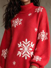 SHEIN Autumn/Winter New High Neck Dropped Shoulder Long Sleeve Ribbed Cuff Contrast Color Snowflake Pattern Jacquard Long Length Fashion Casual Holiday Vacation Long Sweater For Women - Multicolor - View 7