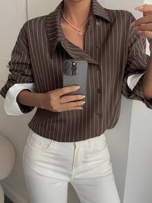 Livesso 春秋款寬鬆商務休閒風 2合1撞色拼接細條紋設計不對稱門襟時尚街頭通勤優雅女式襯衫 - 棕色 - 查看 6