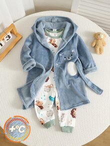 SHEIN Baby Boy Baby Girl Baby Boy Cartoon Elephant Pattern Autumn/Winter Thermal Lined Thick Long Sleeve Tie-Front Robe - Blue - View 3