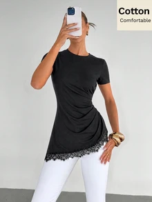 Siren Gaze Summer New Lace Patchwork Waist-Cinched Slimming Split Hem T-Shirt For Women - Black - View 4