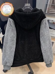 SHEIN 兒童青少年男孩開學休閒連帽對比色保暖內裡厚實梭織黑色秋冬外套，適合學校、花園、生日 - 彩色 - 查看 2