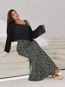 Solflare Plus Size Women's Floral Print Dress And Long Sleeve Top Fashion Set - Black - View 4