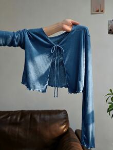 Resyla 大尺碼法式風情吊帶洋裝外穿式荷葉邊飾長袖 T-shirt 外罩針織防曬上衣 女款夏季 - 藍色 - 查看 1