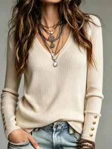 Omancia Sweater Rajut Bergaris Leher V Wanita Lengan Panjang Kancing Emas Manset Potongan Ramping Atasan untuk Kantor Sehari-hari Streetwear Gaya Boho Chic Musim Gugur Musim Dingin - Aprikot - View 1