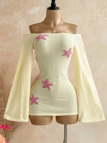 Soleia Women's Yellow Off-Shoulder Long Sleeve Knit Dress For Autumn/Winter Vacation - Yellow - View 5
