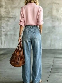 SHEIN Áo sơ mi utility nữ màu hồng nhạt trơn, cổ bẻ, tay dài, thiết kế hai túi ngực, dáng rộng vai trễ, cài nút đơn, đa năng cho đi làm và mặc thường ngày, áo cardigan tay dài dáng rộng - Hồng - Xem 2