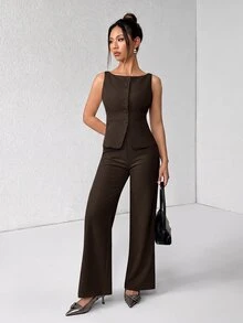 SHEIN PETITE 女款純色圓領單排扣背心與長褲套裝，優雅休閒通勤西裝風，夏秋服飾套裝，辦公商務穿搭 - 咖啡棕 - 查看 4