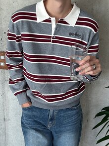 DAZY 男士長袖灰色與酒紅條紋對比領 Polo 毛衣 - 彩色 - 查看 1