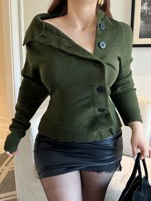 Vibekara Autumn/Winter Fashion Design Vintage Army Green Diagonal Button Lapel Long Sleeve Cardigan Sweater Fall - Army Green - View 1