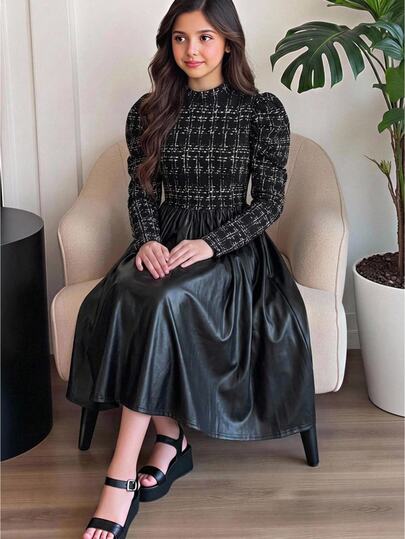 Firerie Kids Tween Girl Casual Urban Elegant Stand Collar Plaid Patchwork PU Leather Patchwork Gigot Sleeve Long Sleeve Ruched Flared Long Dress Autumn/Winter Party Commute Casual Street Black Dress