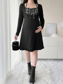 Dazy Maternity Patchwork Contrast Color Fitted Long Sleeve Ruched Trim Casual Vacation Spring Autumn Maternity Dress - Black - View 2