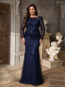 Aureia Plus Size Elegant Luxury Deep Blue Sequin Bead Sheer Long Sleeve Asymmetrical Neckline Ruched Fitted Mermaid Tail Train Patchwork Side Flounce Suitable For Wedding Events Evening Party Ball Heavy Work Evening Gown (Heavy Work Design) - Navy Blue - View 1