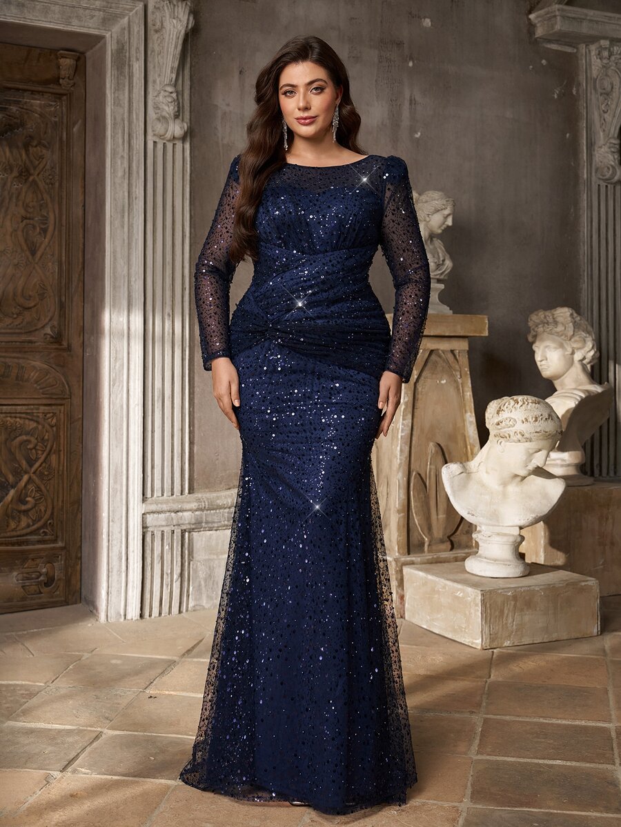 Aureia Plus Size Elegant Luxury Deep Blue Sequin Bead Sheer Long Sleeve Asymmetrical Neckline Ruched Fitted Mermaid Tail Train Patchwork Side Flounce Suitable For Wedding Events Evening Party Ball Heavy Work Evening Gown (Heavy Work Design) - Navy Blue - View 1