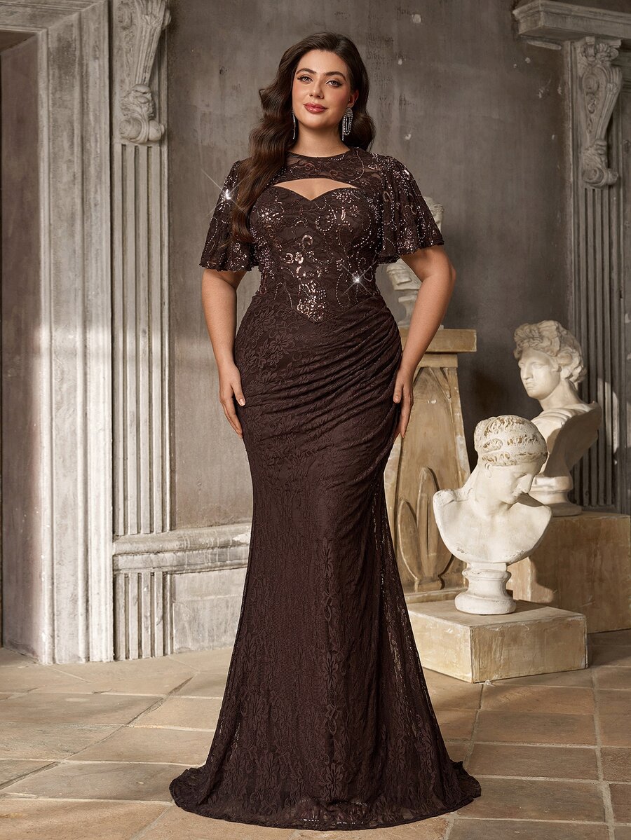 Aureia Plus Size Elegant Romantic Luxurious Coffee Color Sequin Lace Shawl Ruched Fitted Mermaid Tail With Train Heavy Embellishment Evening Gown - Coffee - View 1