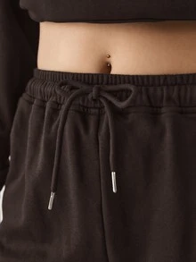 YARNWELL Celana Jogging Kasual Wanita Ukuran Besar Warna Polos dengan Tali Serut di Pinggang dan Kantong di Bagian Bawah - Coklat - View 4