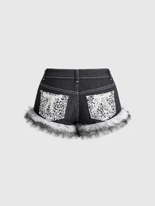 ROMWE Vintage Y2K Leopard Print Fuzzy Patchwork Ultra Low Waist Mini Denim Shorts For Women, Autumn/Winter - Grey - View 2