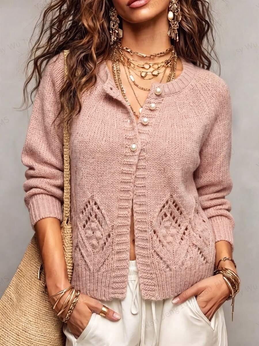 Omancia Elegant Round Neck Long Sleeve Single-Breasted Cardigan For Women - Dusty Pink - View 1