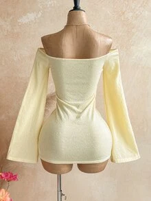 Soleia Women's Yellow Off-Shoulder Long Sleeve Knit Dress For Autumn/Winter Vacation - Yellow - View 2